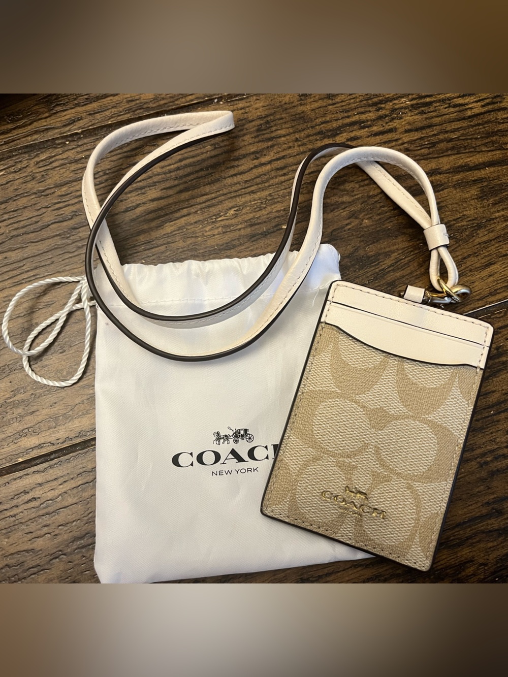 Coach Beige Signature Card Holder with White Trim and Lanyard